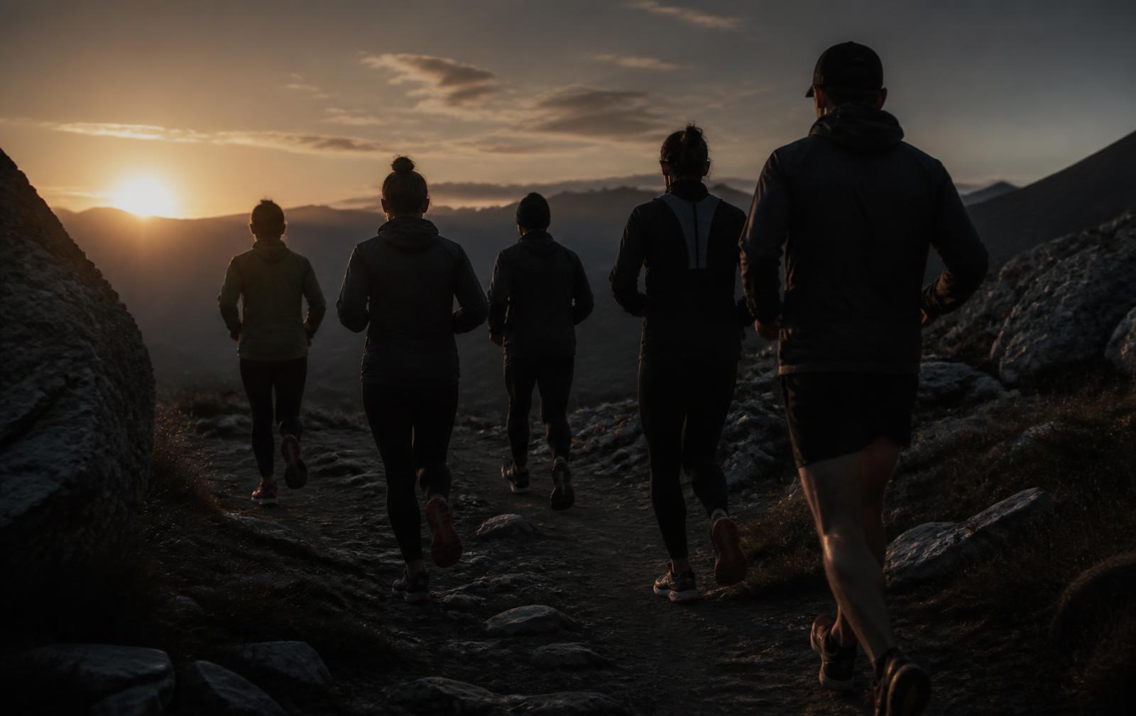 Small group training together on a mountain trail at dusk