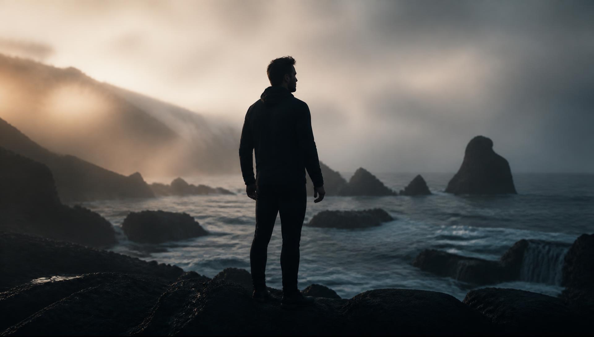 A man standing alone on a rocky ocean shoreline at dawn