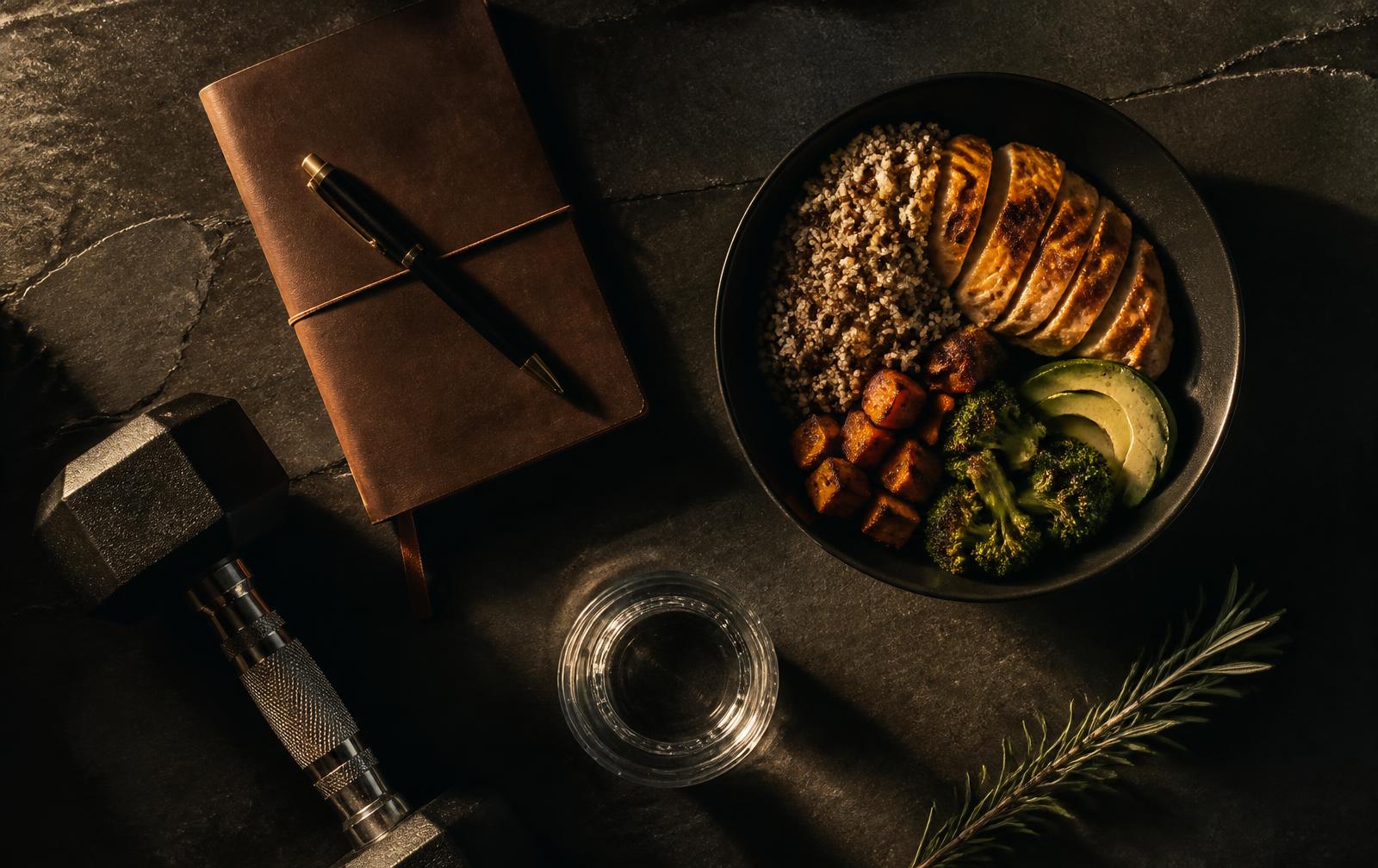 Journal, dumbbell, water and a whole-food meal on dark slate